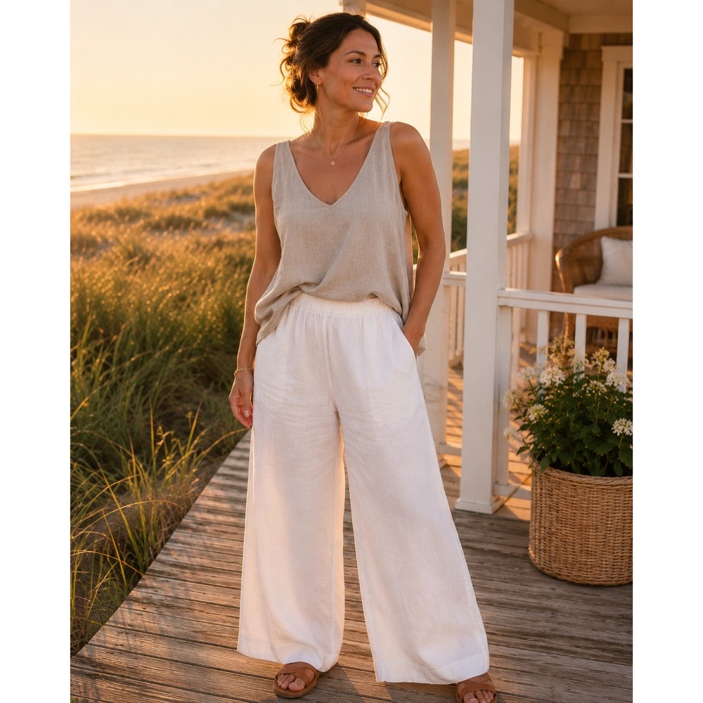 Soft Surroundings Linen Blend Pants 1x-2x White Wide Leg Palazzo Coastal Chic